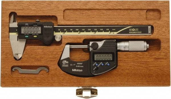 Mitutoyo - 4 Piece, Caliberated Machinist Caliper and Micrometer Tool Kit - 0 to 6 Inch Caliper, 0.0005 Inch Caliper Resoluion, 0 to 1 Inch Micrometer, 0.0001 Inch Graduation, 0.0005 Inch Resoluion - Exact Industrial Supply