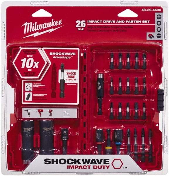 Milwaukee Tool - 26 Piece, Screwdriver Power Bit Set - #1 to #3 Phillips, 1/4 to 9/16" Hex, T20 to T30 Torx - Exact Industrial Supply