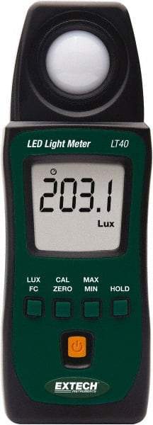 Extech - AAA Batteries, 40,000 FC, LCD Display, Color Corrected Photodiode, Light Meter - 3 Accuracy, Compatible with LED Lighting - Exact Industrial Supply