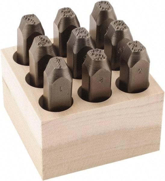 C.H. Hanson - 9 Piece, 3/8" Character Steel Stamp Set - Figures, Low Stress Round Face Dot - Exact Industrial Supply