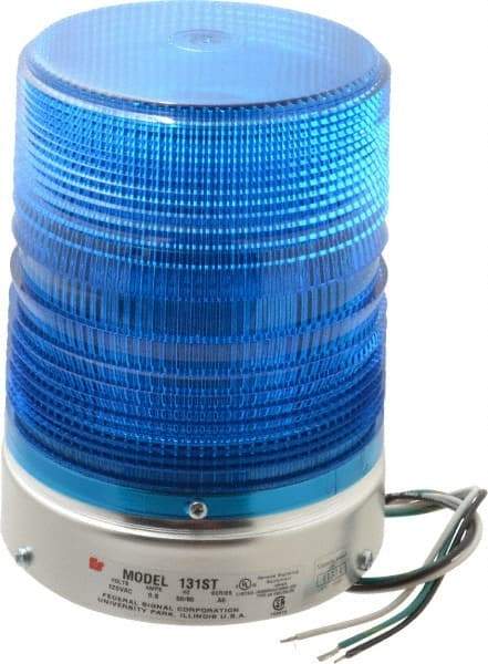 Federal Signal Corp - 120 VAC, 3R NEMA Rated, Strobe Tube, Blue, Single Flash Strobe Light - 80 Flashes per min, 1/2 Inch Pipe, 5.7 Inch Diameter, 8-1/2 Inch High, IP45 Ingress Rating, Pipe Mount - Exact Industrial Supply