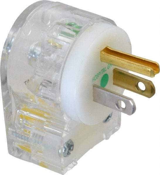 Hubbell Wiring Device-Kellems - 125 VAC, 15 Amp, 5-15P NEMA, Angled, Self Grounding, Hospital Grade Plug - 2 Pole, 3 Wire, 1 Phase, 1/2 hp, Nylon, Clear - Exact Industrial Supply