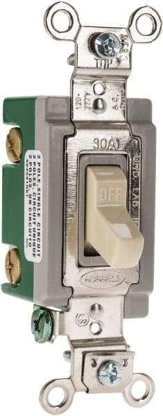 Hubbell Wiring Device-Kellems - 2 Pole, 120 to 277 VAC, 30 Amp, Industrial Grade, Toggle, Wall and Dimmer Light Switch - 1-5/16 Inch Wide x 4-1/16 Inch High - Exact Industrial Supply