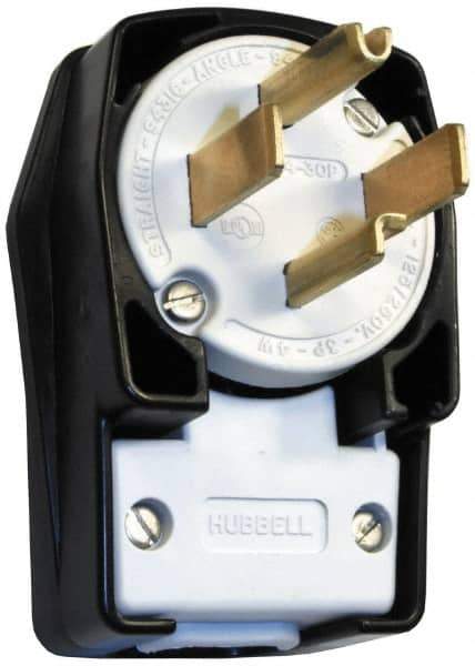 Hubbell Wiring Device-Kellems - 125/250 VAC, 30 Amp, 14-30P NEMA, Angled, Self Grounding, Commercial, Industrial Grade Plug - 3 Pole, 4 Wire, 1 Phase, 2 hp, Nylon, Black, White - Exact Industrial Supply