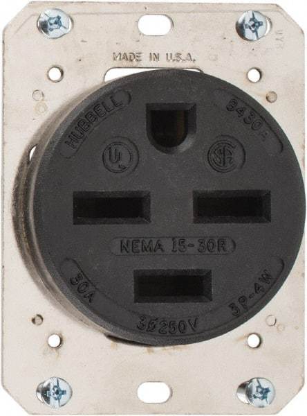 Hubbell Wiring Device-Kellems - 250 VAC, 30 Amp, 15-30R NEMA Configuration, Brown, Industrial Grade, Self Grounding Single Receptacle - 3 Phase, 3 Poles, 4 Wire, Flush Mount - Exact Industrial Supply