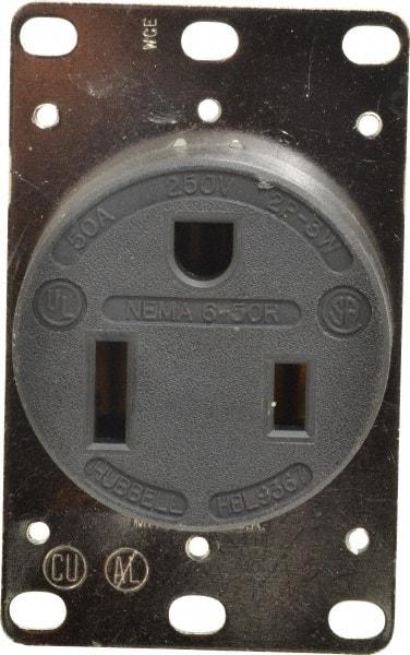 Hubbell Wiring Device-Kellems - 250 VAC, 50 Amp, 6-50R NEMA Configuration, Black, Industrial Grade, Self Grounding Single Receptacle - 1 Phase, 2 Poles, 3 Wire, Flush Mount - Exact Industrial Supply