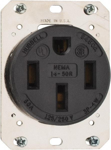 Hubbell Wiring Device-Kellems - 125/250 VAC, 50 Amp, 14-50R NEMA Configuration, Black, Industrial Grade, Self Grounding Single Receptacle - 1 Phase, 3 Poles, 4 Wire, Flush Mount - Exact Industrial Supply