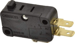Omron - 0.6 Amp at 125 VDC, 0.3 Amp at 250 VDC, 10 Amp at 250 VAC, SPDT, Pin Plunger, General Purpose Snap Action Switch - 250 VAC, Quick Connect Terminal, 3-1/2 Ounce Max Operating Force, 18.8mm High x 37.8mm Long x 10.3mm Wide, -13 to 176°F - Exact Industrial Supply