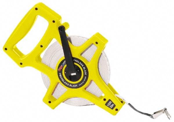 US Tape - 100' x 1/2" White Blade Tape Measure - 1/8", 1mm, & 1 cm Graduation, Inch/Metric Graduation Style, Yellow/Silver Case - Exact Industrial Supply