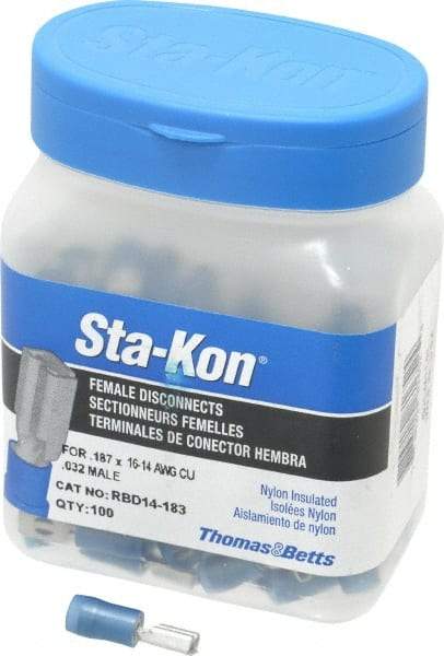 Thomas & Betts - 16 to 14 AWG, Nylon, Fully Insulated, Female Wire Disconnect - 3/16 Inch Wide Tab, Blue, CSA Certified, RoHS Compliant, UL 94 V-2, UL File E66716, UL Listed - Exact Industrial Supply