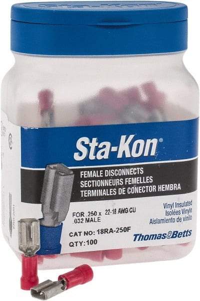 Thomas & Betts - 22 to 18 AWG, Vinyl, Fully Insulated, Female Wire Disconnect - 1/4 Inch Wide Tab, Red, CSA Certified, RoHS Compliant, UL 94 V-0, UL File E66716, UL Listed - Exact Industrial Supply