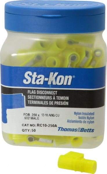 Thomas & Betts - 12 to 10 AWG, Nylon, Fully Insulated, Female Wire Disconnect - 1/4 Inch Wide Tab, Yellow, CSA Certified, RoHS Compliant, UL 94 V-0, UL File E66716, UL Listed - Exact Industrial Supply