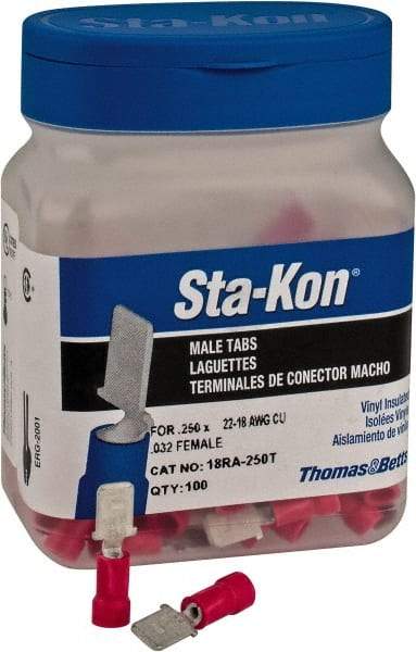 Thomas & Betts - 22 to 18 AWG, Vinyl, Fully Insulated, Male Wire Disconnect - 1/4 Inch Wide Tab, Red, CSA Certified, RoHS Compliant, UL 94 V-0, UL File E66716, UL Listed - Exact Industrial Supply