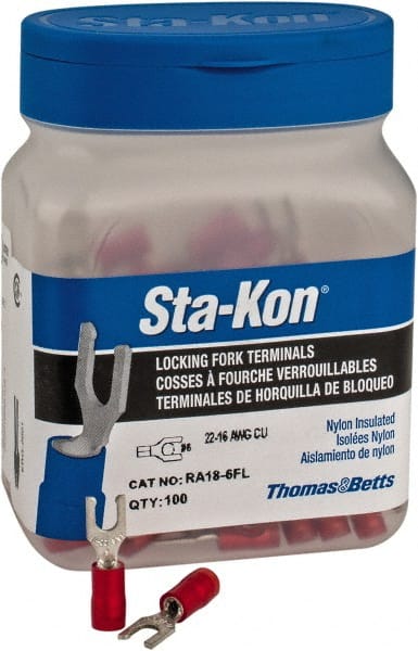 Thomas & Betts - #6 Stud, 22 to 16 AWG Compatible, Partially Insulated, Crimp Connection, Locking Fork Terminal - Exact Industrial Supply