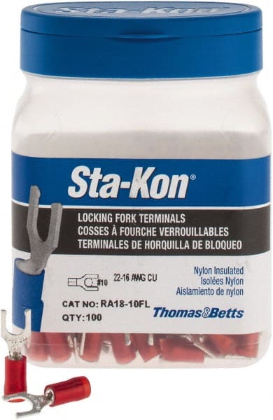 Thomas & Betts - #10 Stud, 22 to 16 AWG Compatible, Partially Insulated, Crimp Connection, Locking Fork Terminal - Exact Industrial Supply