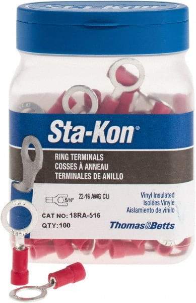 Thomas & Betts - 22-16 AWG Partially Insulated Crimp Connection D Shaped Ring Terminal - 5/16" Stud, 1.13" OAL x 1/2" Wide, Tin Plated Copper Contact - Exact Industrial Supply