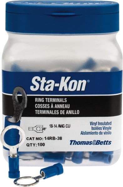 Thomas & Betts - 18-14 AWG Partially Insulated Crimp Connection D Shaped Ring Terminal - 3/8" Stud, 1.16" OAL x 0.54" Wide, Tin Plated Copper Contact - Exact Industrial Supply