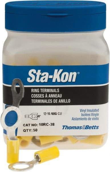 Thomas & Betts - 12-10 AWG Partially Insulated Crimp Connection D Shaped Ring Terminal - 3/8" Stud, 1.29" OAL x 0.59" Wide, Tin Plated Copper Contact - Exact Industrial Supply