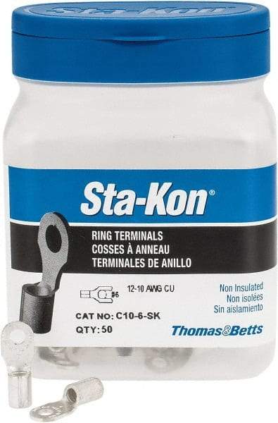 Thomas & Betts - 12-10 AWG Noninsulated Crimp Connection D Shaped Ring Terminal - #6 Stud, 0.82" OAL x 0.31" Wide, Tin Plated Copper Contact - Exact Industrial Supply