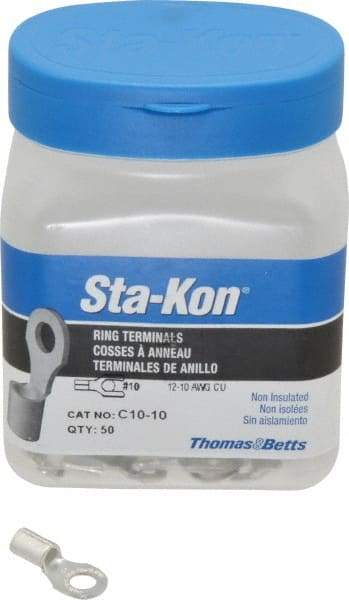 Thomas & Betts - 12-10 AWG Noninsulated Crimp Connection D Shaped Ring Terminal - #10 Stud, 0.85" OAL x 0.38" Wide, Tin Plated Copper Contact - Exact Industrial Supply