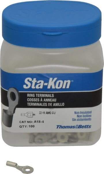 Thomas & Betts - 22-16 AWG Noninsulated Crimp Connection D Shaped Ring Terminal - #4 Stud, 3/4" OAL x 0.31" Wide, Tin Plated Copper Contact - Exact Industrial Supply