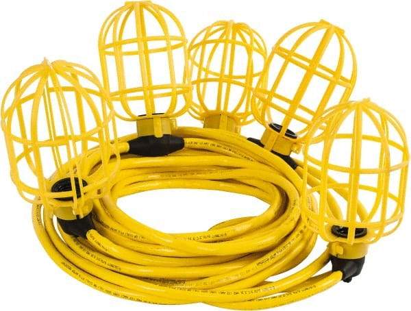 Value Collection - 5 Socket, 4 Conductor, 125 VAC, 15 Amp, Temporary String Light - 50' SJTW-A Cord, Yellow, Plastic, Includes Lamp Guard - Exact Industrial Supply