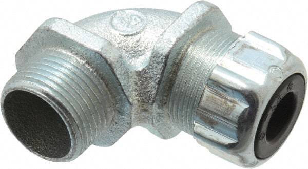 Thomas & Betts - 3/8 to 1/2" Cable Capacity, Liquidtight, Elbow Strain Relief Cord Grip - 3/4 NPT Thread, Iron - Exact Industrial Supply