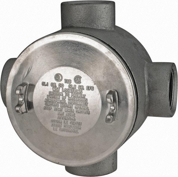 Thomas & Betts - (4) 1-1/2" Knockouts, Iron Round Junction Box - 5-3/4" Overall Width x 3.81" Overall Depth - Exact Industrial Supply