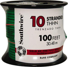 Southwire - THHN/THWN, 10 AWG, 30 Amp, 100' Long, Stranded Core, 19 Strand Building Wire - Green, Thermoplastic Insulation - Exact Industrial Supply