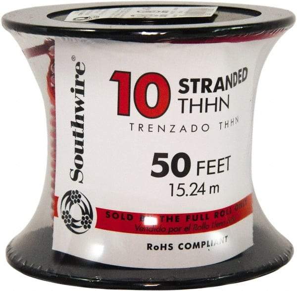 Southwire - THHN/THWN, 10 AWG, 30 Amp, 100' Long, Stranded Core, 19 Strand Building Wire - Red, Thermoplastic Insulation - Exact Industrial Supply