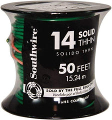 Southwire - THHN/THWN, 14 AWG, 15 Amp, 50' Long, Solid Core, 1 Strand Building Wire - Green, Thermoplastic Insulation - Exact Industrial Supply