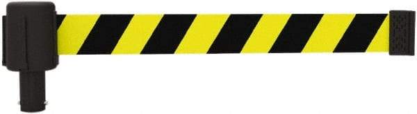 Banner Stakes - 6.61" High x 15' Long x 2-1/2" Wide Retractable Barrier Belt - Plastic & Polyester, Matte Finish, Yellow/Black, Use with Banner Stakes Plus Stanchion, Banner Stakes Plus Base - Exact Industrial Supply