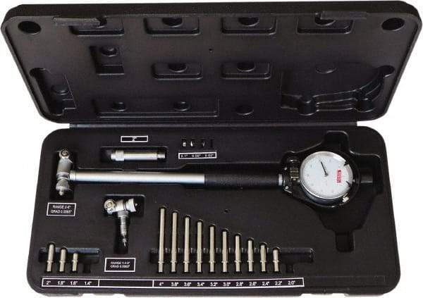 SPI - 15 Anvil, 1.4 to 6" Dial Bore Gage Set - 0.0005" Graduation, 6" Gage Depth, Accurate to 0.0005", Carbide Contact Point - Exact Industrial Supply
