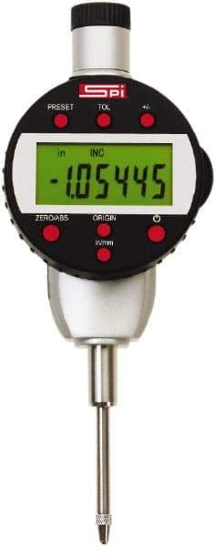 SPI - 0 to 1" Range, 0.00005" Graduation, Electronic Drop Indicator - Flat & Center Lug Back, Accurate to 0.0002", English & Metric System, LCD Display - Exact Industrial Supply