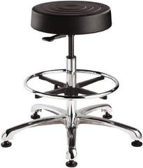 Bevco - 14 Inch Wide x 14-1/2 Inch Deep x 33 Inch High, Polished Aluminum Base, Adjustable Height Swivel Stool - Polyurethane Seat, Black - Exact Industrial Supply