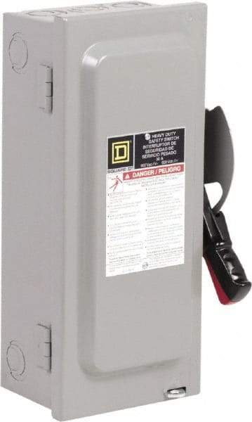 Square D - 30 Amp, 600 VAC, 3 Pole Nonfused Safety Switch - NEMA 1, 1 & 3 Phase, 10 hp at 600 VAC (Single Phase), 30 hp at 600 VAC (Triple Phase) - Exact Industrial Supply