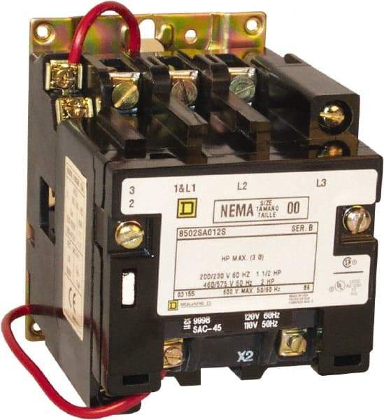 Square D - 3 Pole, 110 Coil VAC at 50 Hz and 120 Coil VAC at 60 Hz, 9 Amp NEMA Contactor - Open Enclosure, 50 Hz at 110 VAC and 60 Hz at 120 VAC - Exact Industrial Supply