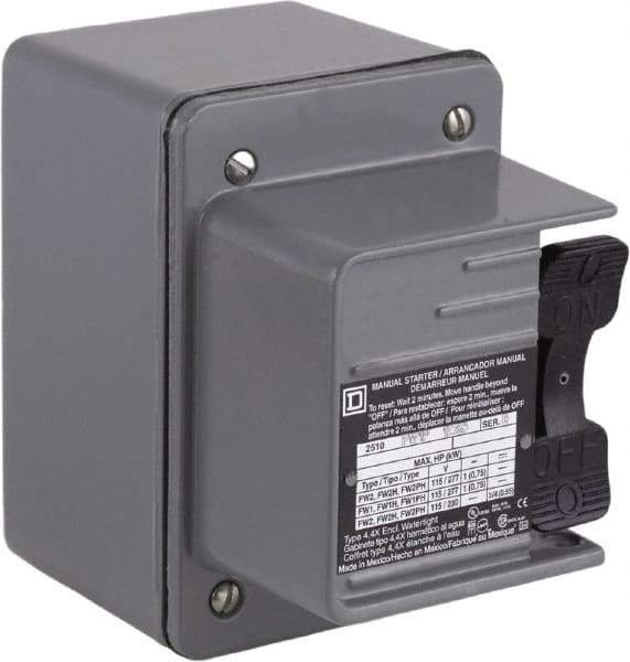 Square D - 1 Pole, 16 Amp, NEMA, Enclosed Toggle Manual Motor Starter - 1 hp at 115 VAC, 1 hp at 230 VAC, 1 hp at 277 VAC, CE, CSA, NEMA 4 & UL Listed - Exact Industrial Supply