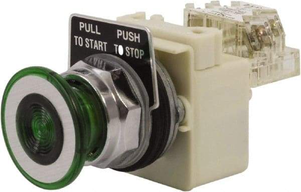 Schneider Electric - 30mm Mount Hole, Extended Straight, Pushbutton Switch with Contact Block - Green Pushbutton, Maintained (MA) - Exact Industrial Supply