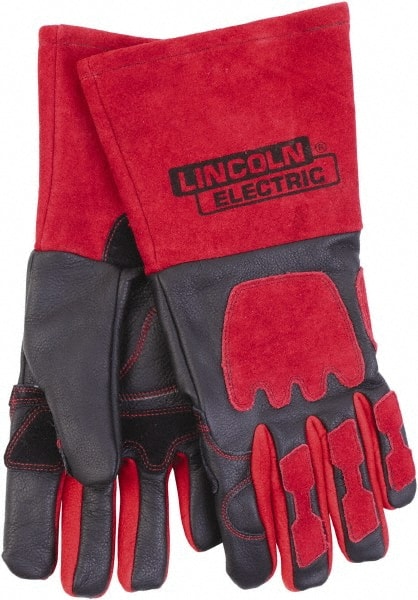 Welding Gloves: Size Large, Synthetic Heat-Resistant Polymer, Leather & Synthetic Leather, General Welding Application Black & Red, 15″ OAL, Textured Grip, FDA Approved