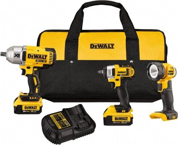 DeWALT - 20 Volt Cordless Tool Combination Kit - Includes 1/2" Impact Wrench, 3/8" Impact Driver & LED Worklight, Lithium-Ion Battery Included - Exact Industrial Supply