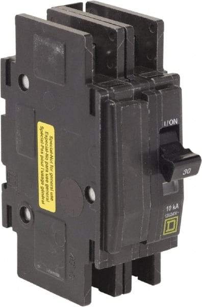 Square D - 30 Amp, 120/240 VAC, 2 Pole, DIN Rail Mounted, Flush Mount, Surface Mount Miniature Circuit Breaker - Thermal Magnetic Trip, 10 kA at 120/240 VAC Breaking Capacity, 14-2 (Aluminum), 14-2 (Copper) AWG, 74mm Deep x 103mm High x 19mm Wide - Exact Industrial Supply