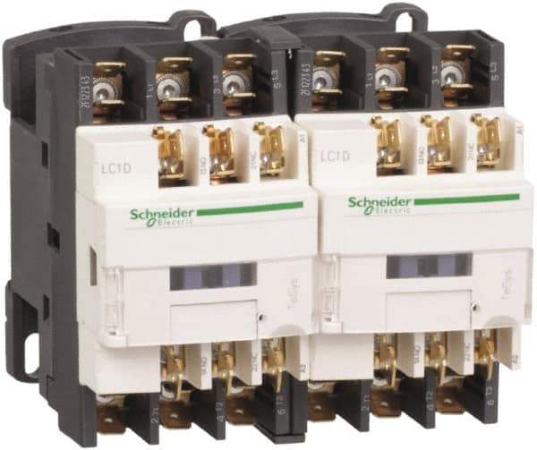 Schneider Electric - 3 Pole, 220 Coil VAC at 50/60 Hz, 12 Amp at 440 VAC, Reversible IEC Contactor - 1 Phase hp: 1 at 115 VAC, 2 at 230/240 VAC, 3 Phase hp: 10 at 575/600 VAC, 3 at 200/208 VAC, 3 at 230/240 VAC, 7.5 at 460/480 VAC - Exact Industrial Supply