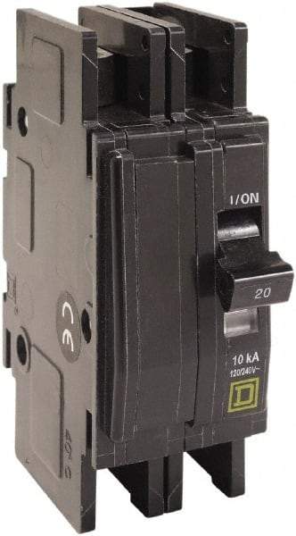 Square D - 45 Amp, 120/240 VAC, 2 Pole, DIN Rail Mounted, Flush Mount, Surface Mount Miniature Circuit Breaker - Thermal Magnetic Trip, 10 kA at 120/240 VAC Breaking Capacity, 14-2 (Aluminum), 14-2 (Copper) AWG, 74mm Deep x 103mm High x 19mm Wide - Exact Industrial Supply