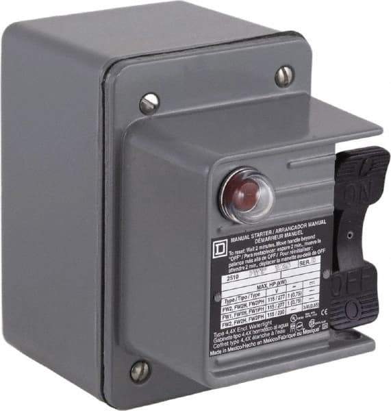 Square D - 2 Poles, 16 Amp, NEMA, Enclosed Toggle Manual Motor Starter - 1 hp at 115 VAC, 1 hp at 230 VAC, 1 hp at 277 VAC, 3/4 hp at 115 VDC & 3/4 hp at 230 VDC, CE, CSA, NEMA 4 & UL Listed - Exact Industrial Supply