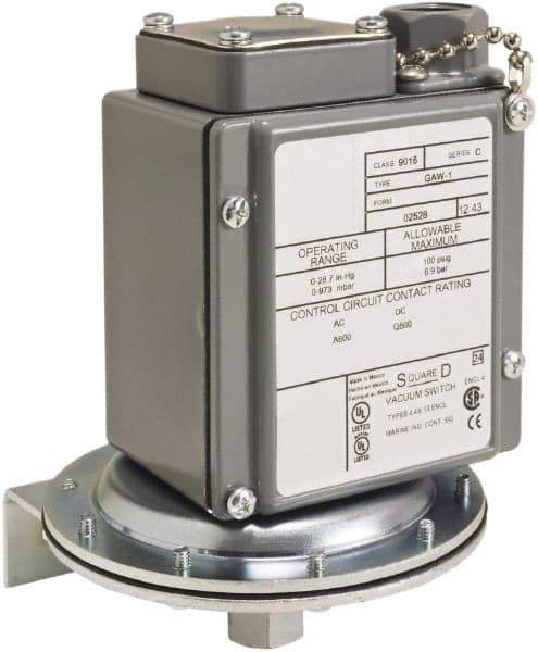 Square D - 4, 13 and 4X NEMA Rated, SPDT, 0.2 to 10 psi, Vacuum Switch Pressure and Level Switch - Adjustable Pressure, 120 VAC, 125 VDC, 240 VAC, 250 VDC, Screw Terminal - Exact Industrial Supply