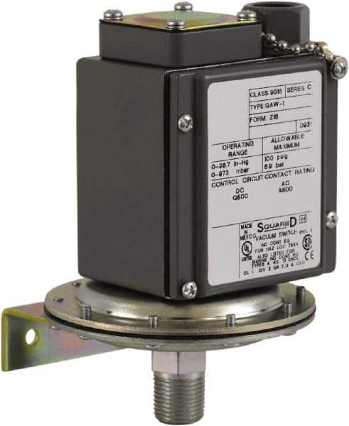 Square D - 4, 13 and 4X NEMA Rated, SPDT, 0.2 to 10 psi, Vacuum Switch Pressure and Level Switch - Adjustable Pressure, 120 VAC, 125 VDC, 240 VAC, 250 VDC, Screw Terminal - Exact Industrial Supply