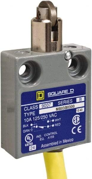 Square D - SPDT, NC/NO, 240 VAC, Prewired Terminal, Roller Plunger Actuator, General Purpose Limit Switch - 1, 2, 4, 6, 6P NEMA Rating, IP67 IPR Rating, 80 Ounce Operating Force - Exact Industrial Supply