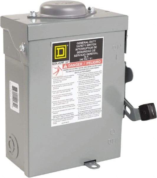 Square D - 30 Amp, 240 VAC, 2 Pole Nonfused Safety Switch - NEMA 3R, 1 & 3 Phase, 10 hp at 240 VAC (Single Phase), 15 hp at 240 VAC (Triple Phase) - Exact Industrial Supply