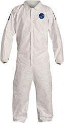 Dupont - Size 4XL Film Laminate General Purpose Coveralls - White/Blue, Zipper Closure, Elastic Cuffs, Elastic Ankles, Serged Seams, Hazard Level D & C - Exact Industrial Supply